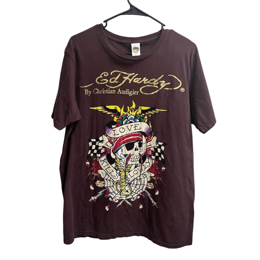 VTG Ed Hardy by Christian Audigier Love Kills Slowly Brown Gold Foil Tee SZ L
